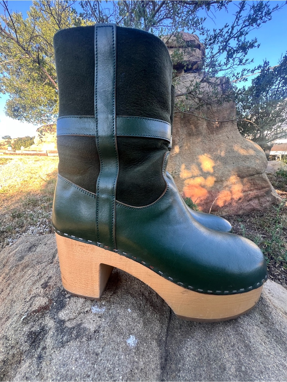 Swedish Hasbeens Dark Green & Black Platform Clog Boots with Wooden Heel